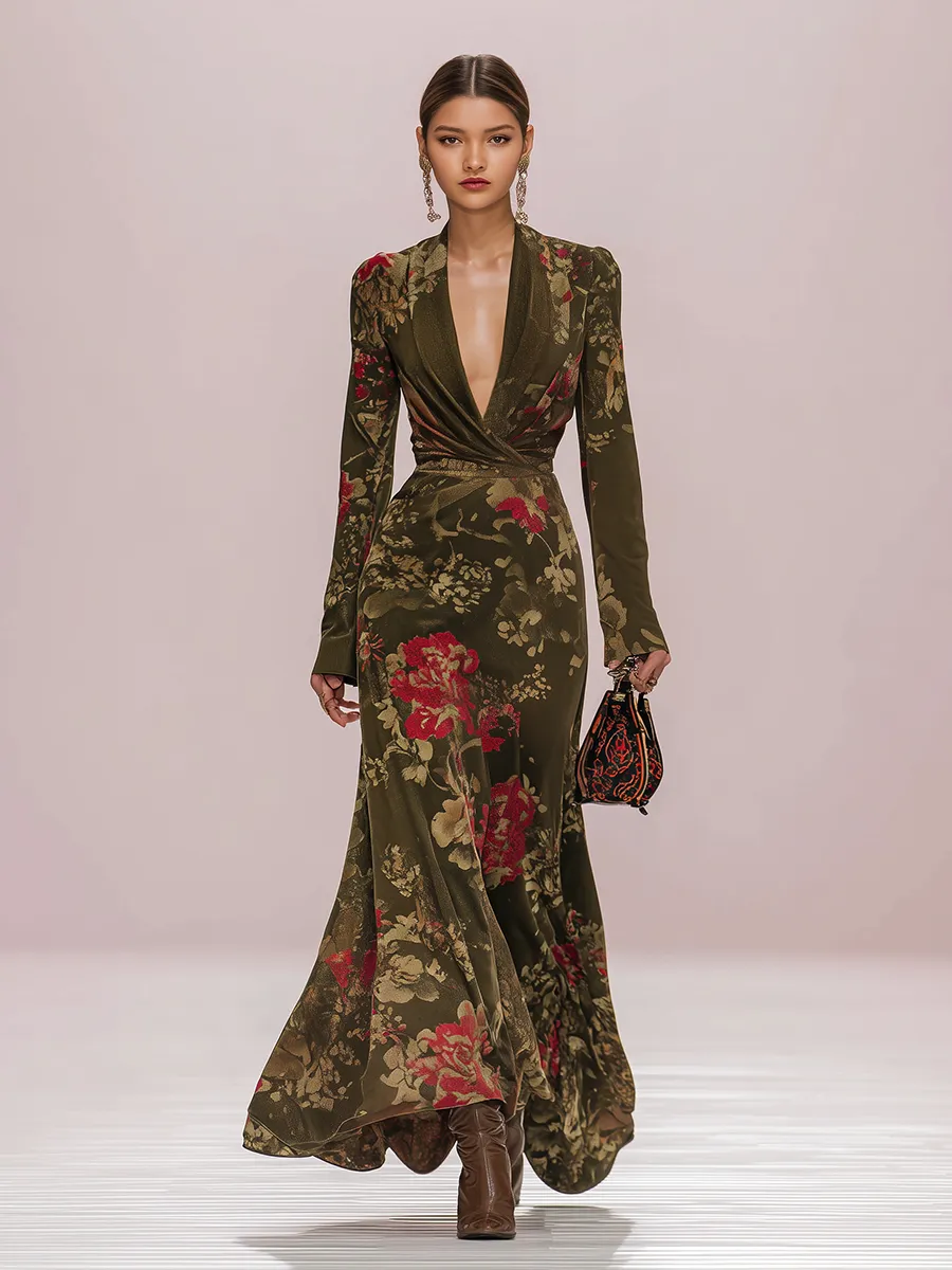 Western Style Retro Floral Print V-neck Long-sleeved Maxi Dress sold by Oyrosy product image thumbnail 2