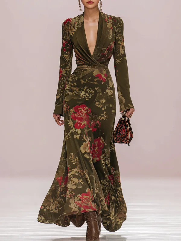 Western Style Retro Floral Print V-neck Long-sleeved Maxi Dress sold by Oyrosy