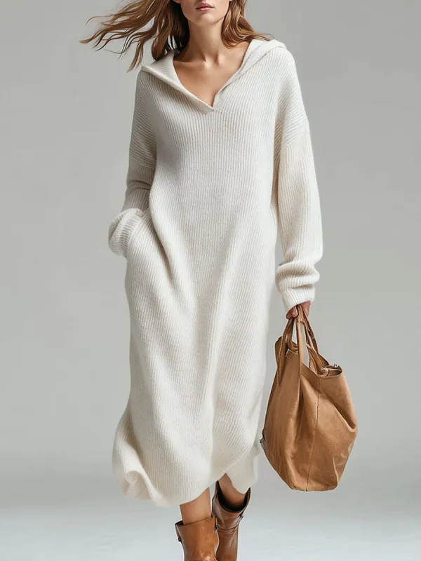 Fashion Loose Retro White Hooded Knitted Midi Dress sold by Oyrosy