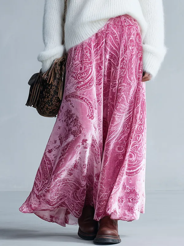 Fashion Retro Paisley Pink Velvet Elastic Waist Skirt sold by Oyrosy
