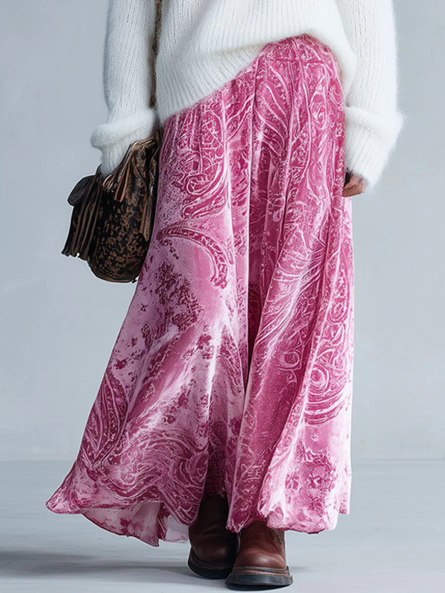 Fashion Retro Paisley Pink Velvet Elastic Waist Skirt sold by Oyrosy