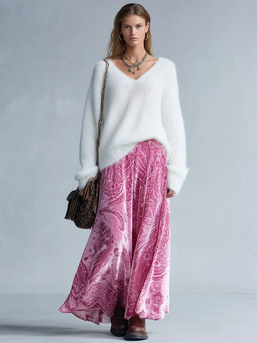 Fashion Retro Paisley Pink Velvet Elastic Waist Skirt sold by Oyrosy product image thumbnail 2