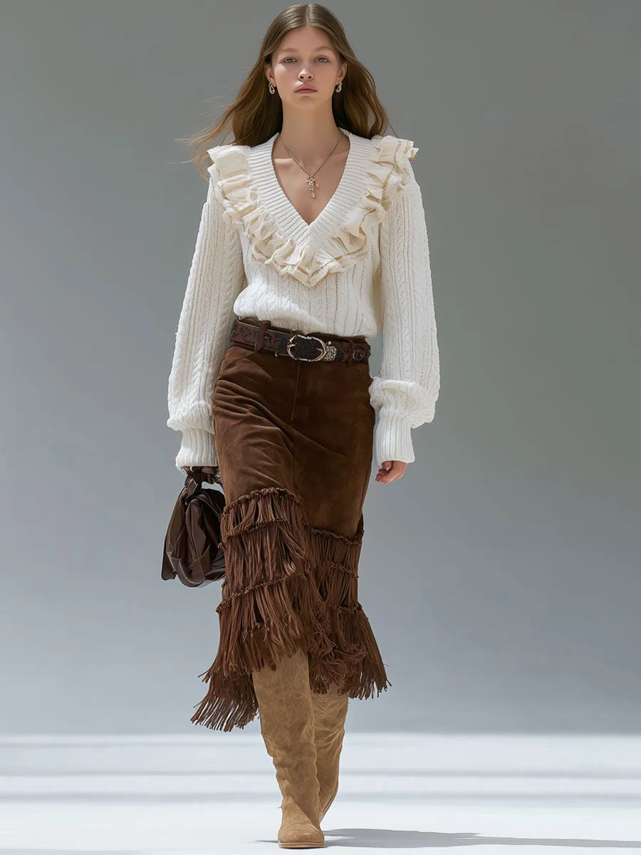 Casual Retro V-neck Velvet Ruffle White Cable Pullover Sweater sold by Oyrosy product image thumbnail 2