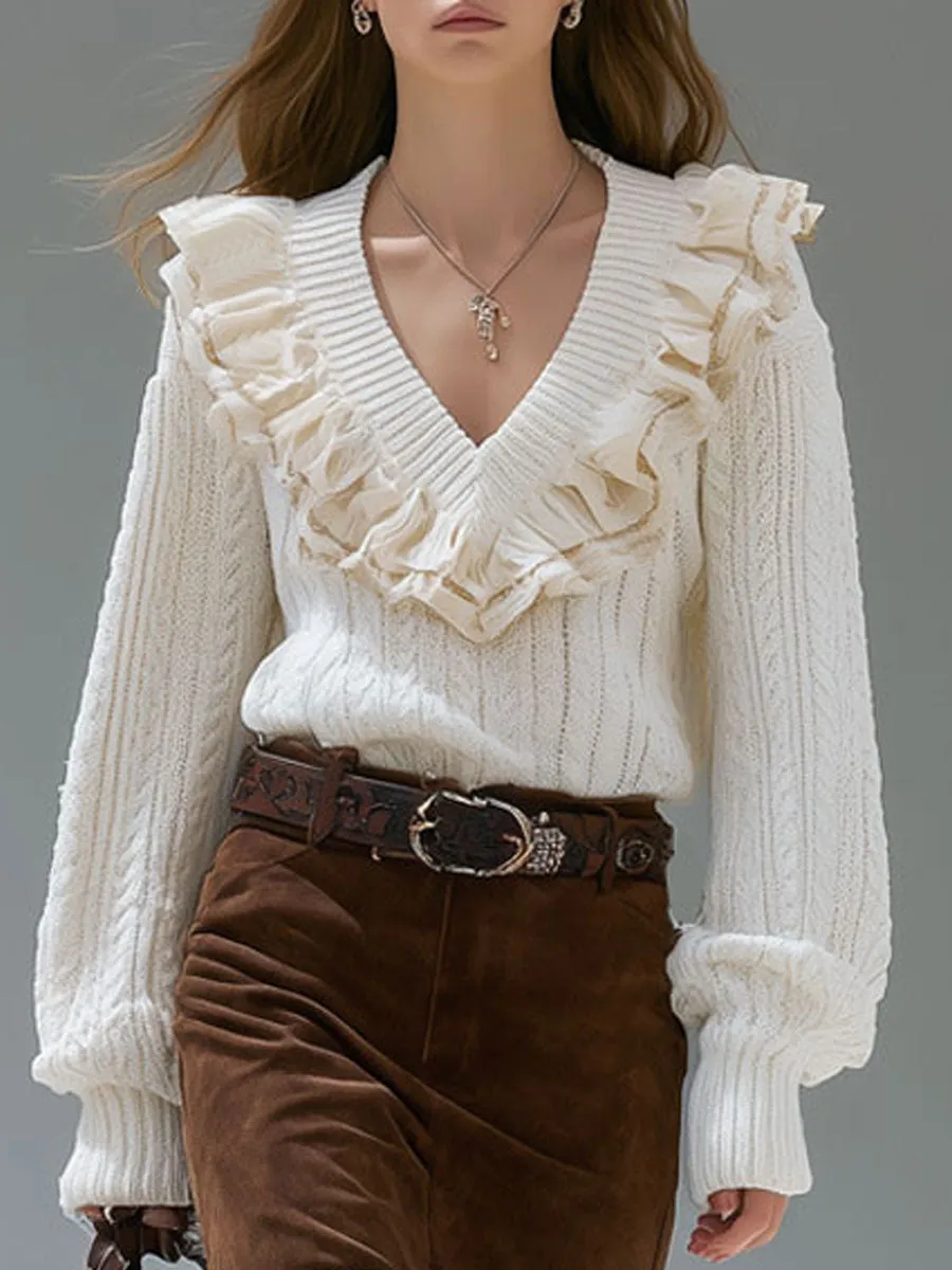 Casual Retro V-neck Velvet Ruffle White Cable Pullover Sweater sold by Oyrosy