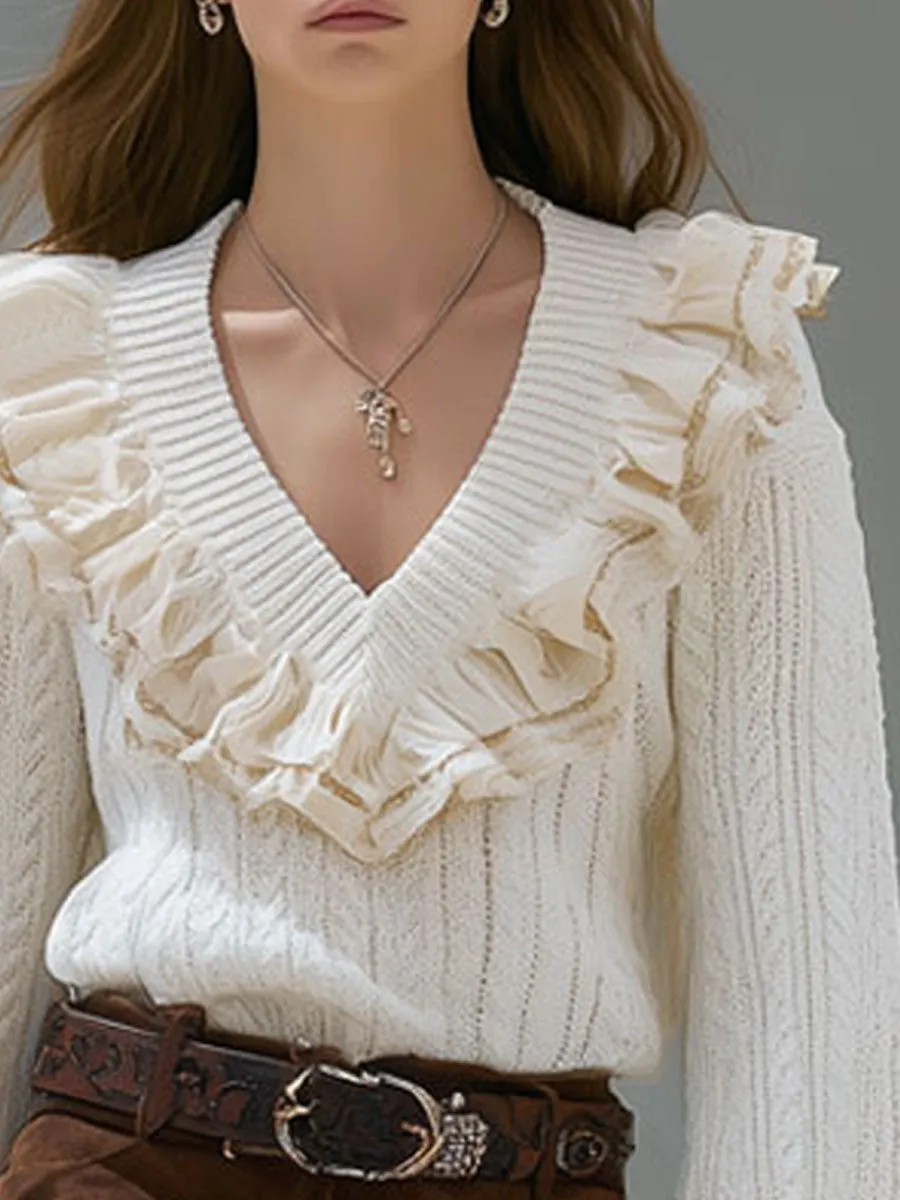 Casual Retro V-neck Velvet Ruffle White Cable Pullover Sweater sold by Oyrosy product image thumbnail 3