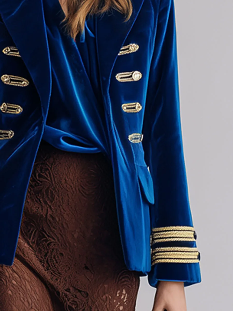 Fashion Retro Palace Gold Silk Ribbon Royal Blue Velvet Blazer sold by Oyrosy product image thumbnail 4