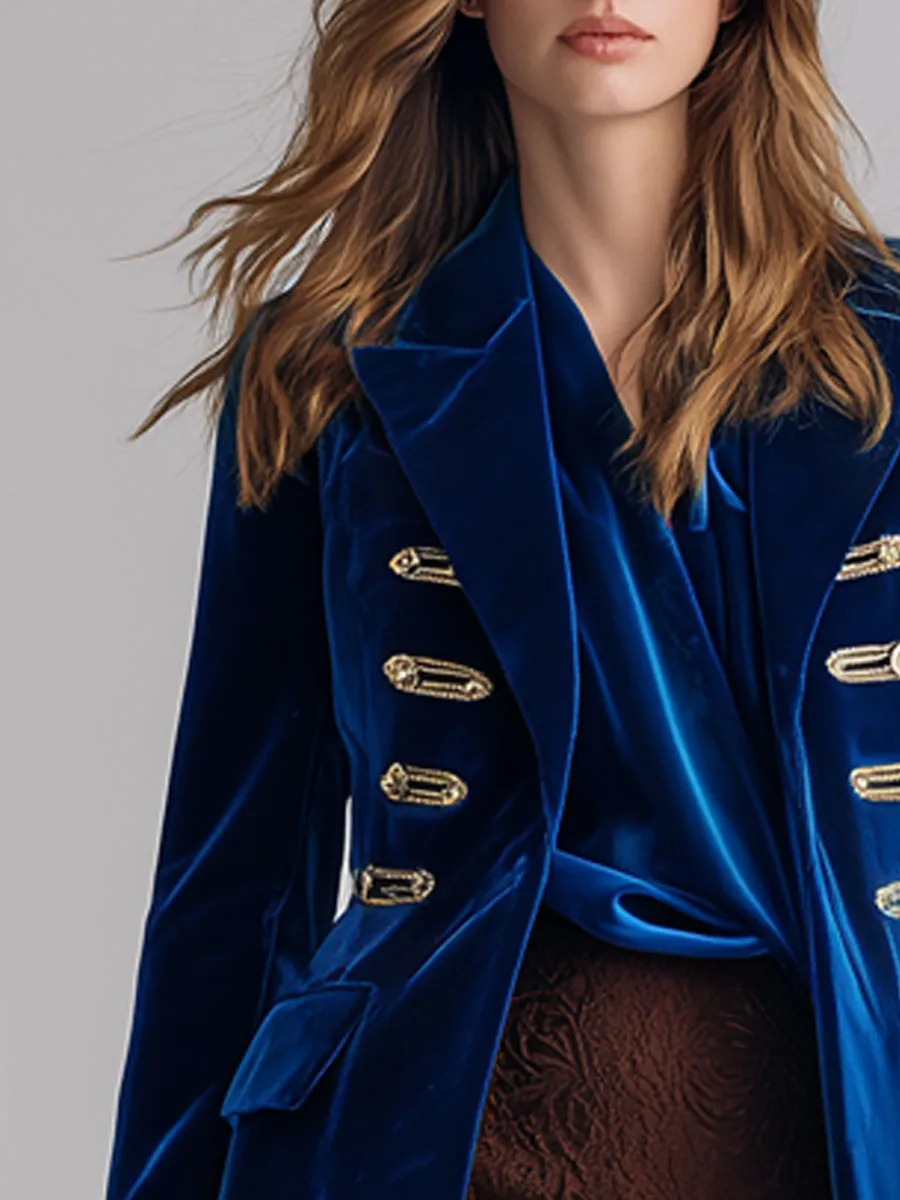 Fashion Retro Palace Gold Silk Ribbon Royal Blue Velvet Blazer sold by Oyrosy product image thumbnail 3