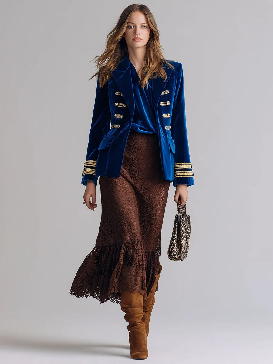 Fashion Retro Palace Gold Silk Ribbon Royal Blue Velvet Blazer sold by Oyrosy product image thumbnail 2