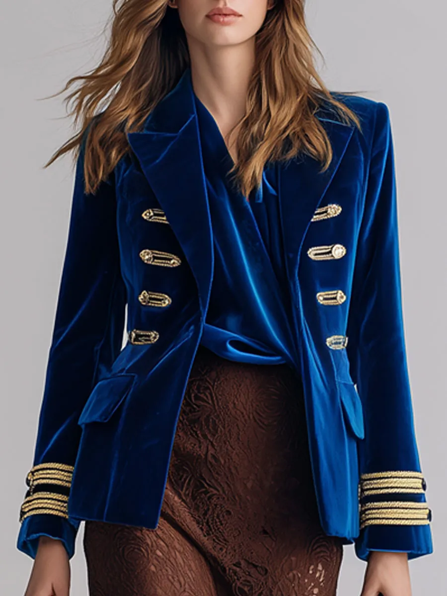 Fashion Retro Palace Gold Silk Ribbon Royal Blue Velvet Blazer sold by Oyrosy