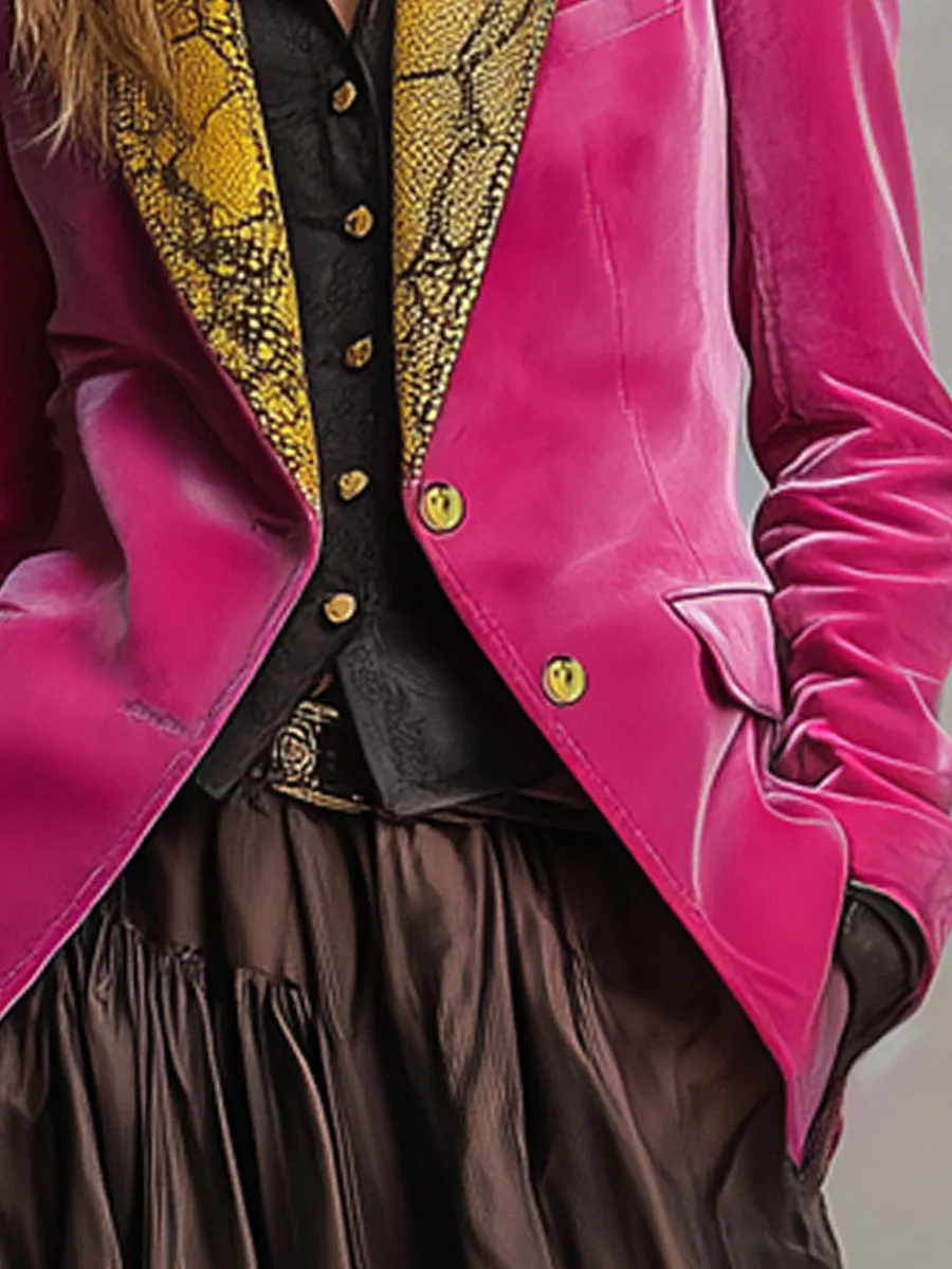 Fashion Retro Snake Print Lapel Rose Red Velvet Blazer sold by Oyrosy product image thumbnail 4