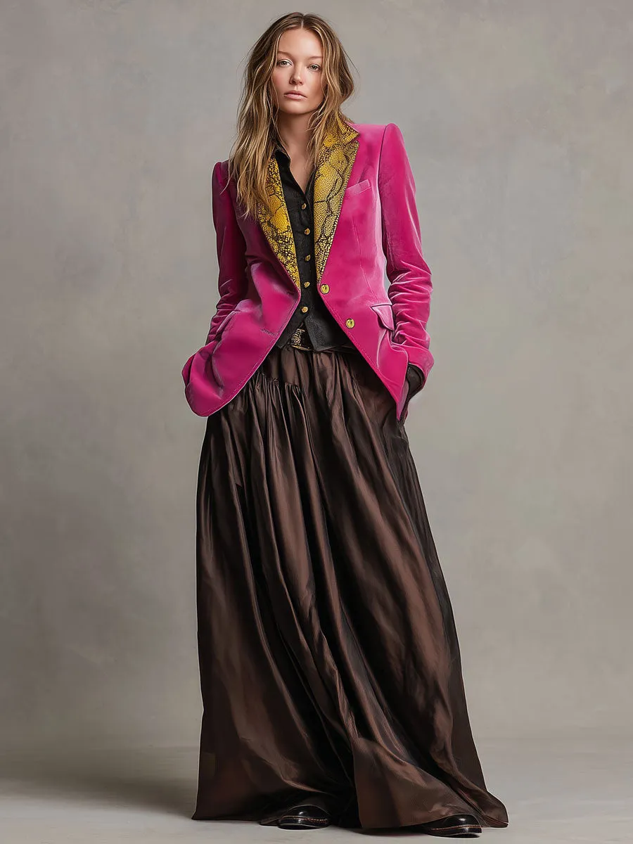 Fashion Retro Snake Print Lapel Rose Red Velvet Blazer sold by Oyrosy product image thumbnail 2