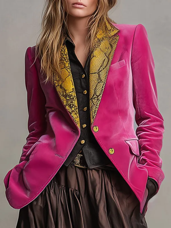 Fashion Retro Snake Print Lapel Rose Red Velvet Blazer sold by Oyrosy