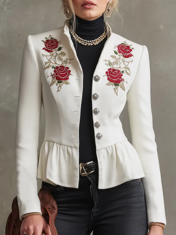 Stand Collar Single-breasted Rose Embroidered Woolen Jacket sold by Oyrosy