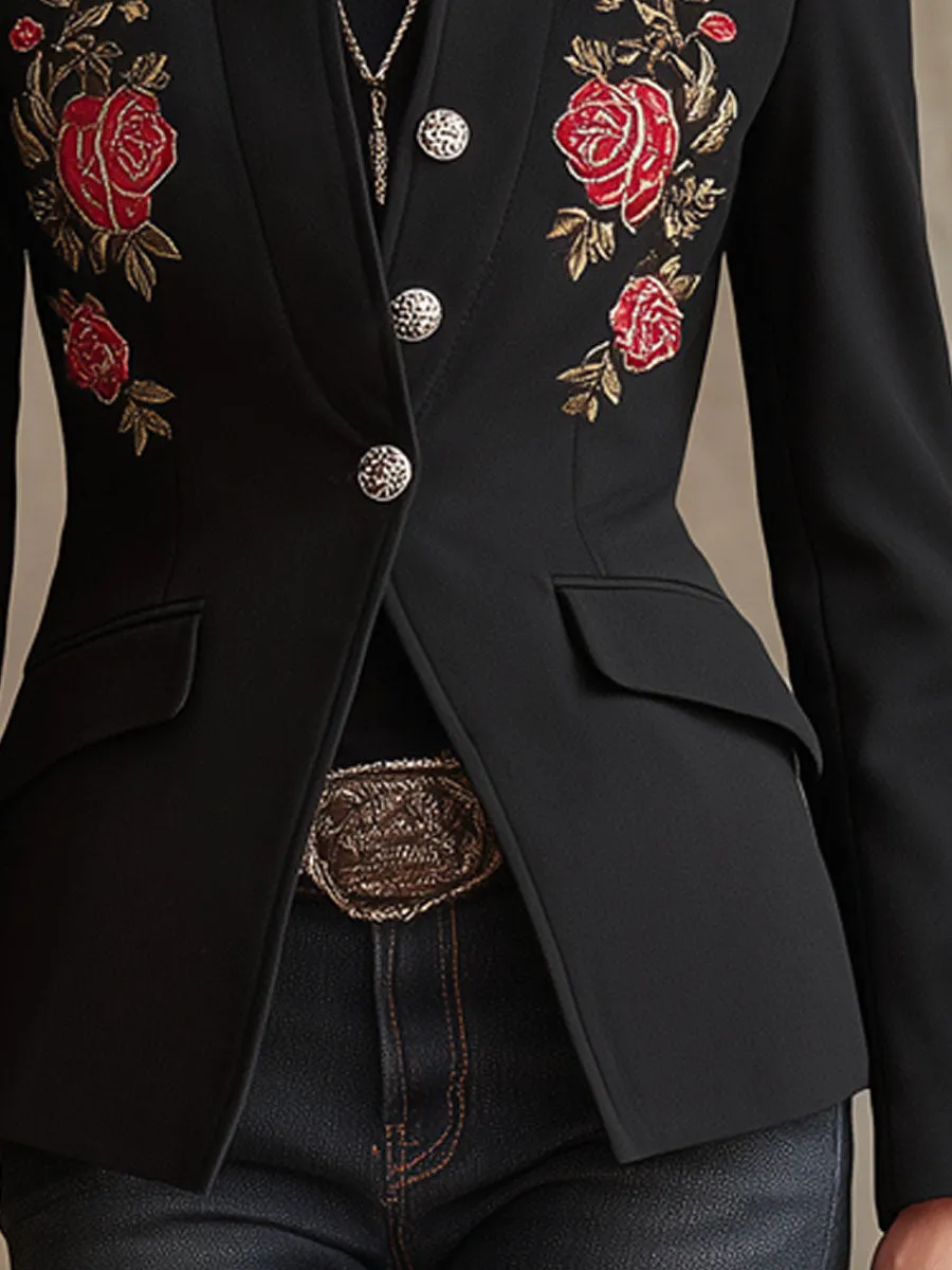 Stand Collar Single-breasted Rose Embroidered Woolen Blazer sold by Oyrosy product image thumbnail 4