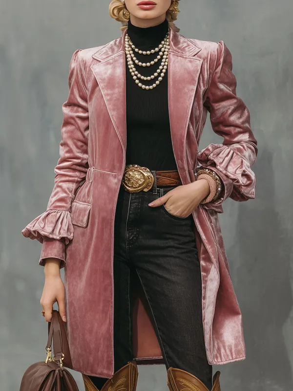 Pink Lapel Double Pocket Ruffle Velvet Coat sold by Oyrosy