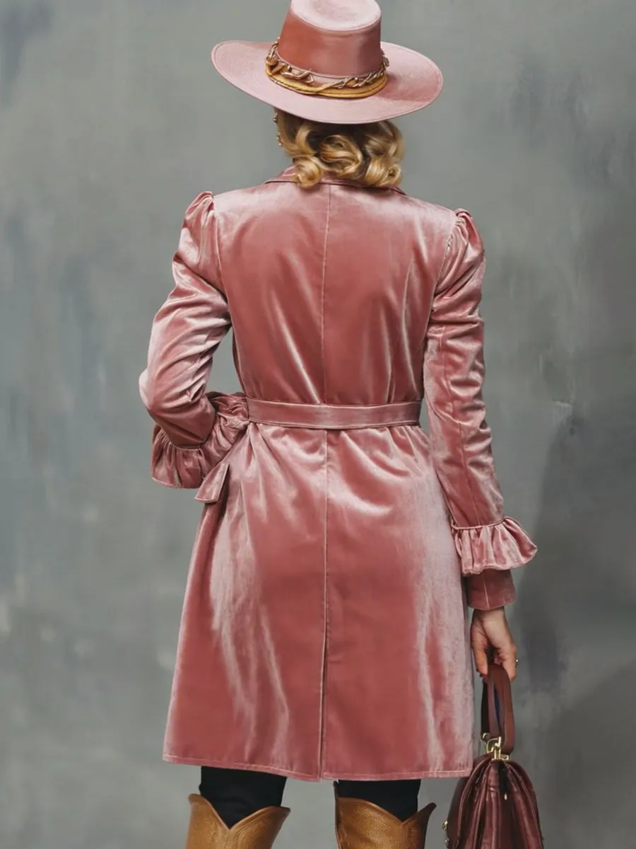 Pink Lapel Double Pocket Ruffle Velvet Coat sold by Oyrosy product image thumbnail 2