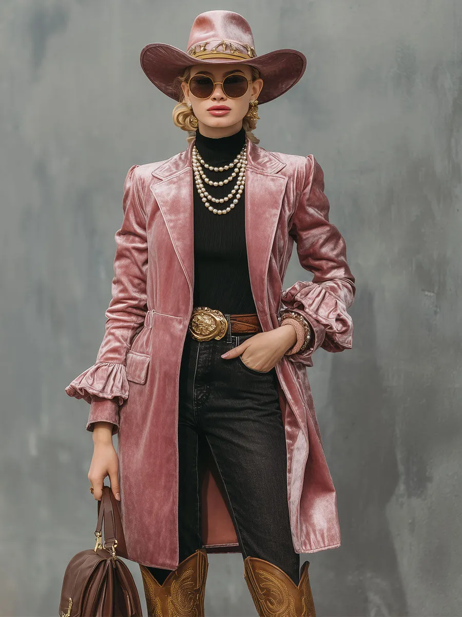 Pink Lapel Double Pocket Ruffle Velvet Coat sold by Oyrosy product image thumbnail 5