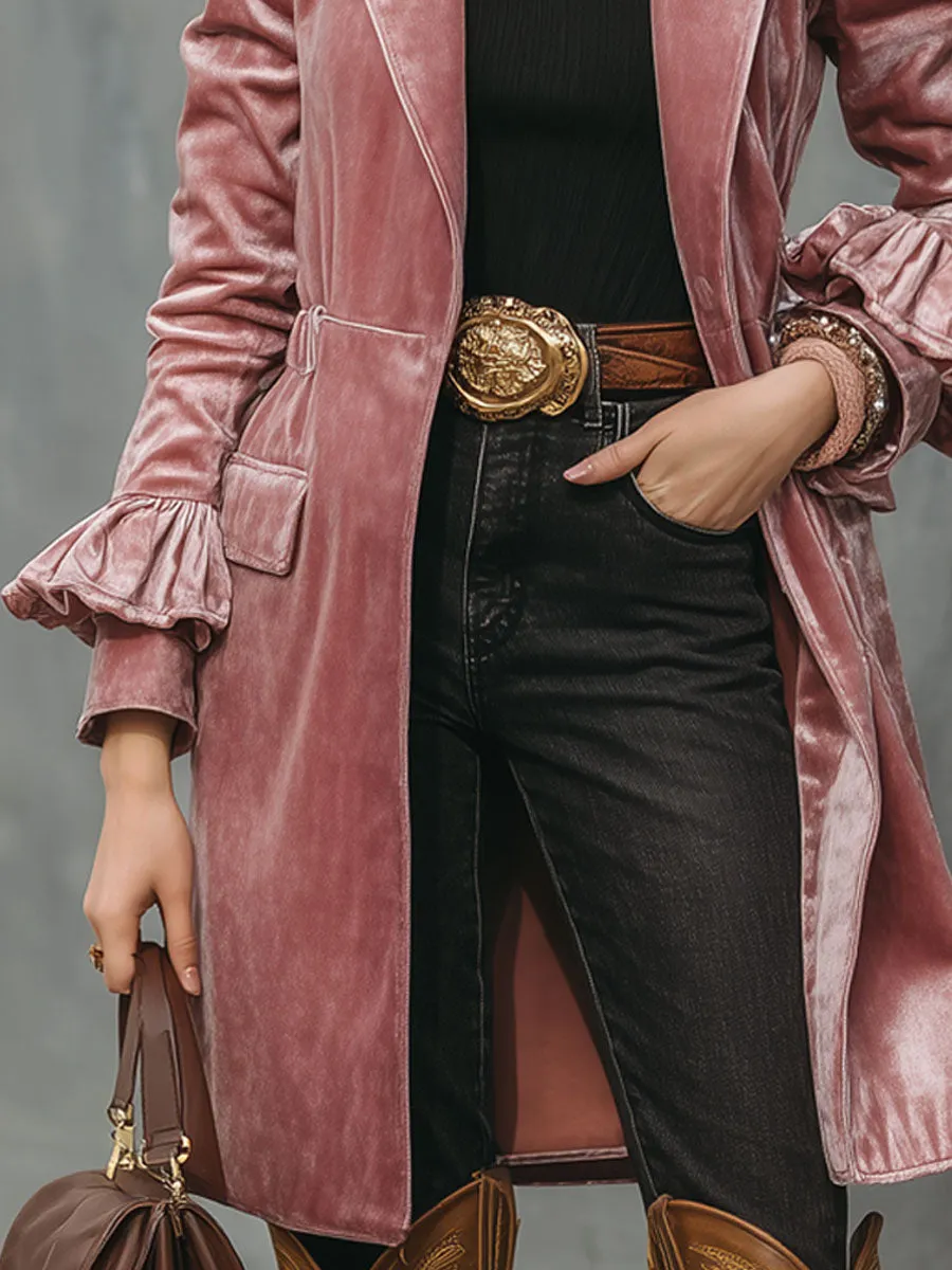Pink Lapel Double Pocket Ruffle Velvet Coat sold by Oyrosy product image thumbnail 4