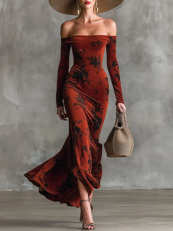 Fashion Retro Orange Velvet Print Long Sleeve Maxi Dress sold by Oyrosy