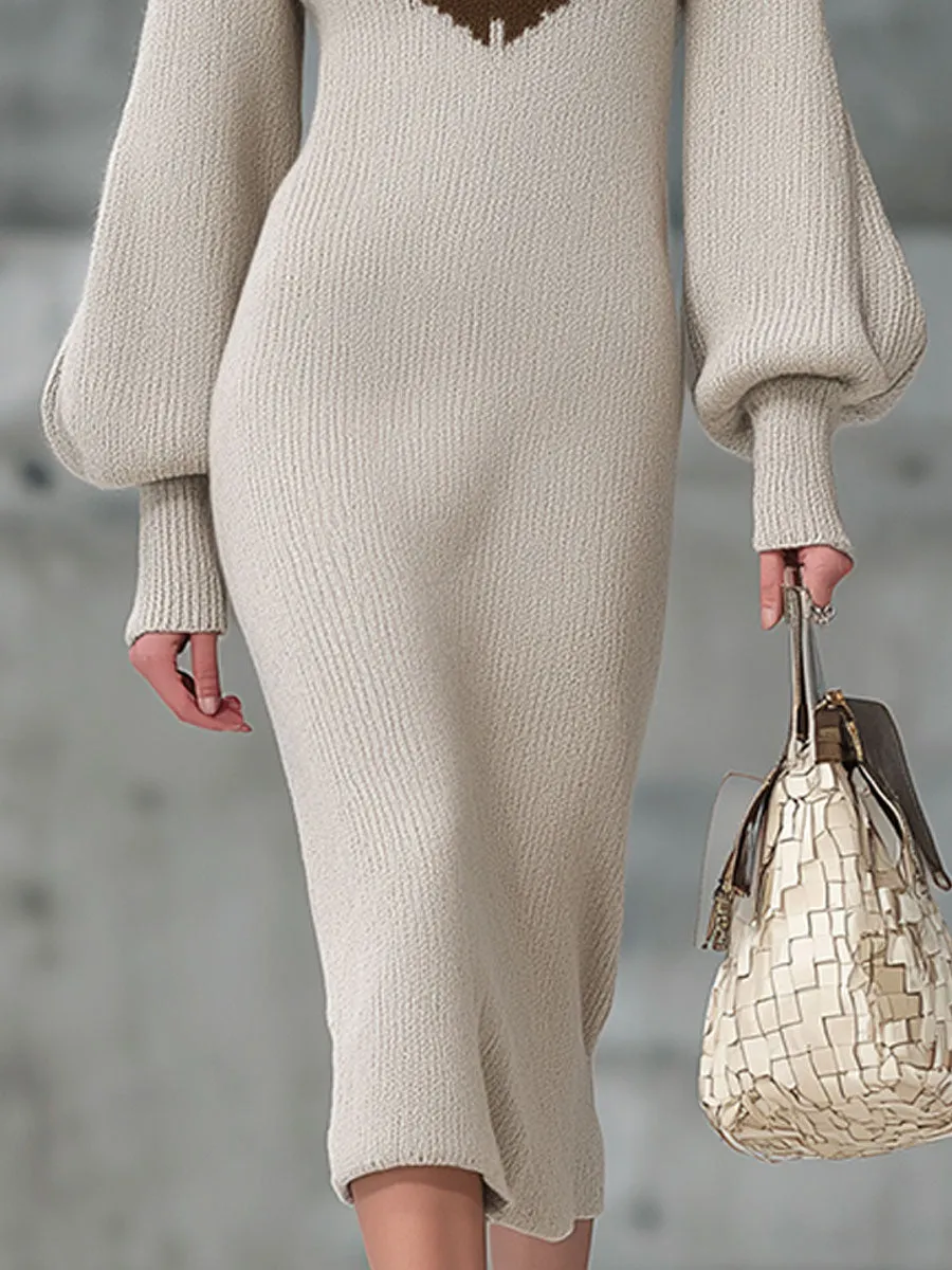 Retro Round Neck Beige And Brown Pattern Knitted Midi Dress sold by Oyrosy product image thumbnail 4