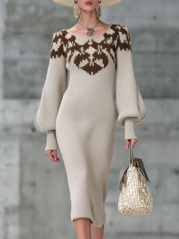 Retro Round Neck Beige And Brown Pattern Knitted Midi Dress sold by Oyrosy