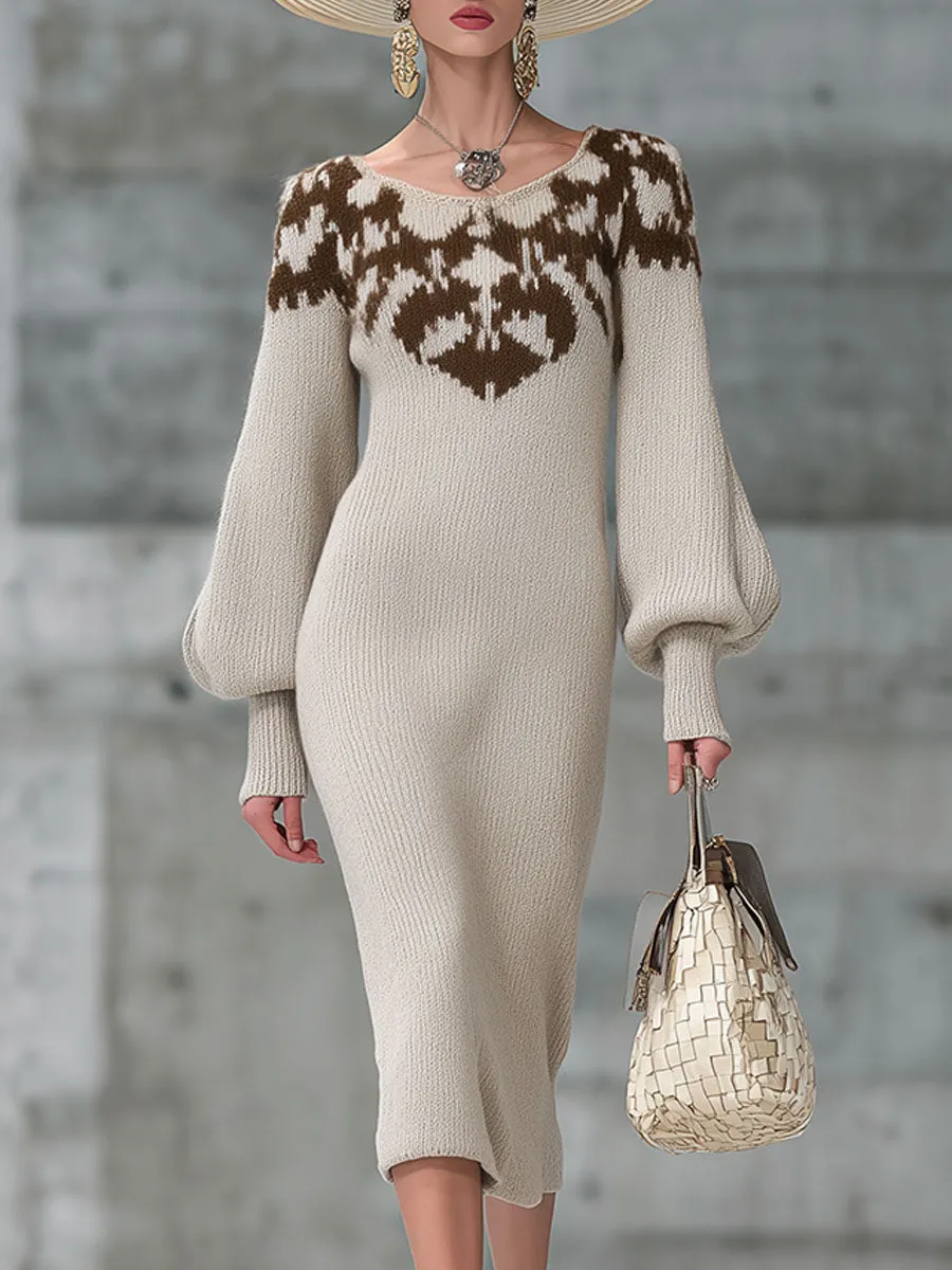 Retro Round Neck Beige And Brown Pattern Knitted Midi Dress sold by Oyrosy