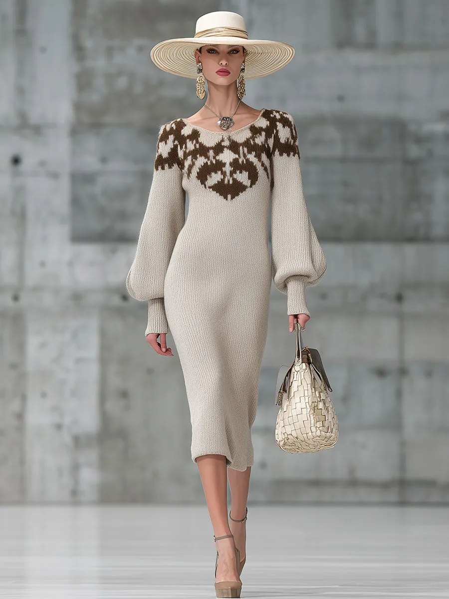 Retro Round Neck Beige And Brown Pattern Knitted Midi Dress sold by Oyrosy product image thumbnail 2