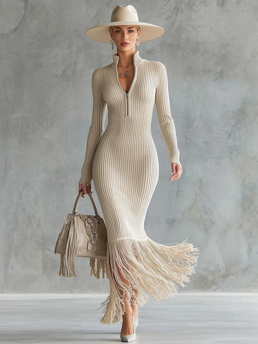 Vintage Off-white Ribbed Knit Tassel Maxi Dress sold by Oyrosy product image thumbnail 2