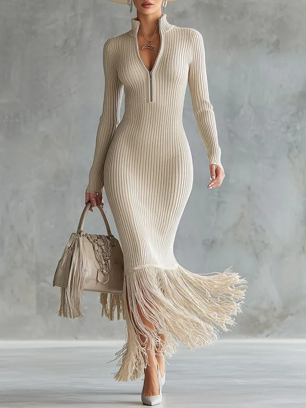Vintage Off-white Ribbed Knit Tassel Maxi Dress sold by Oyrosy