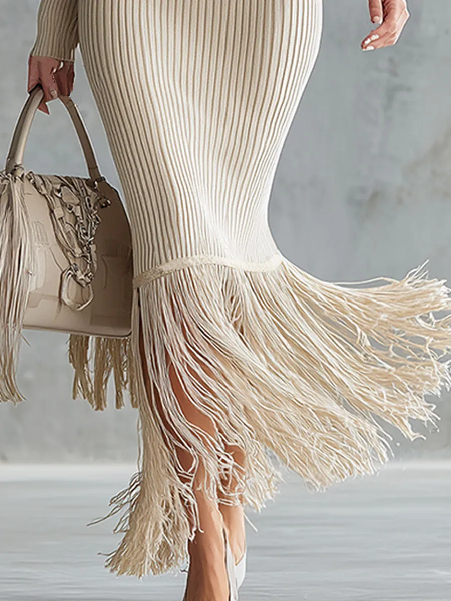 Vintage Off-white Ribbed Knit Tassel Maxi Dress sold by Oyrosy product image thumbnail 4