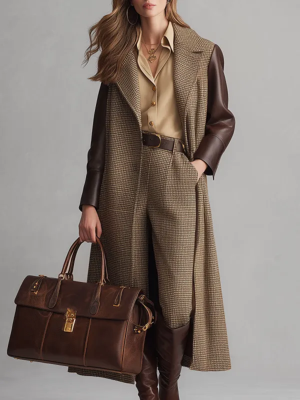 Loose Lapel Plaid Patchwork Faux Leather Wool Coat sold by Oyrosy