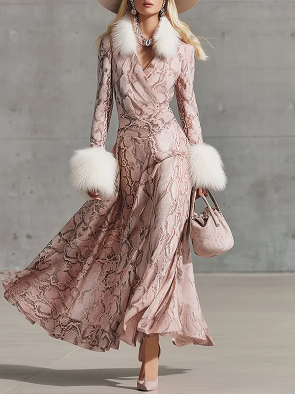 Fashion Retro Pink Snake Print Velvet Maxi Dress sold by Oyrosy