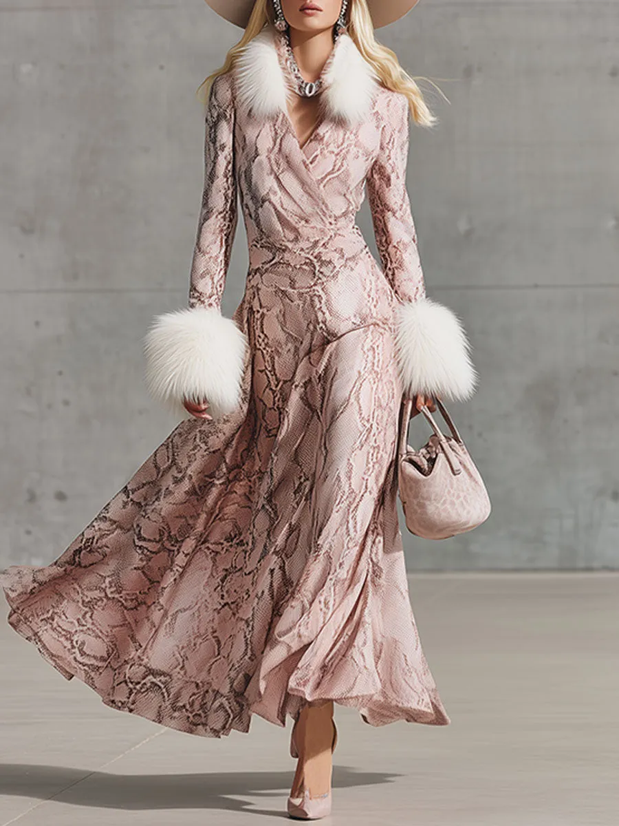 Fashion Retro Pink Snake Print Velvet Maxi Dress sold by Oyrosy