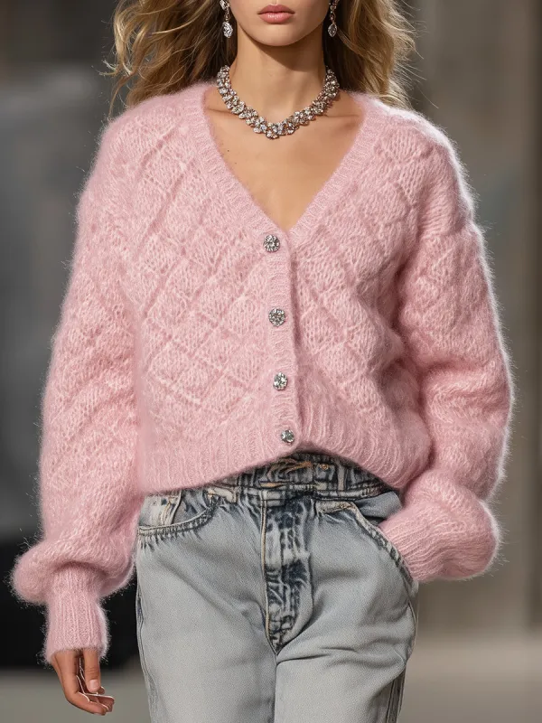 Elegant Pink Woolen Diamond Button Cardigan sold by Oyrosy