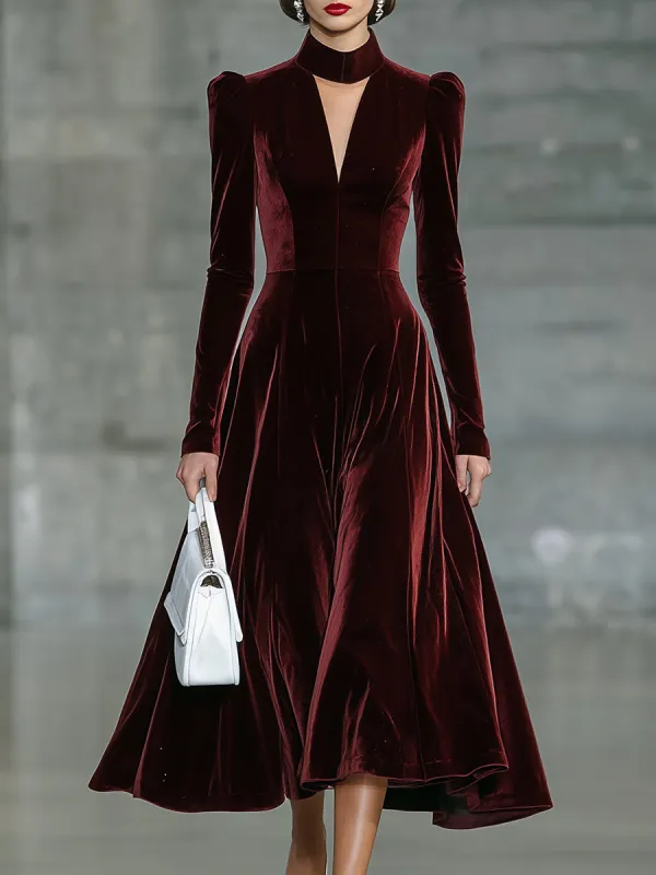 Elegant Velvet Red Unique Neckline Midi Dress sold by Oyrosy