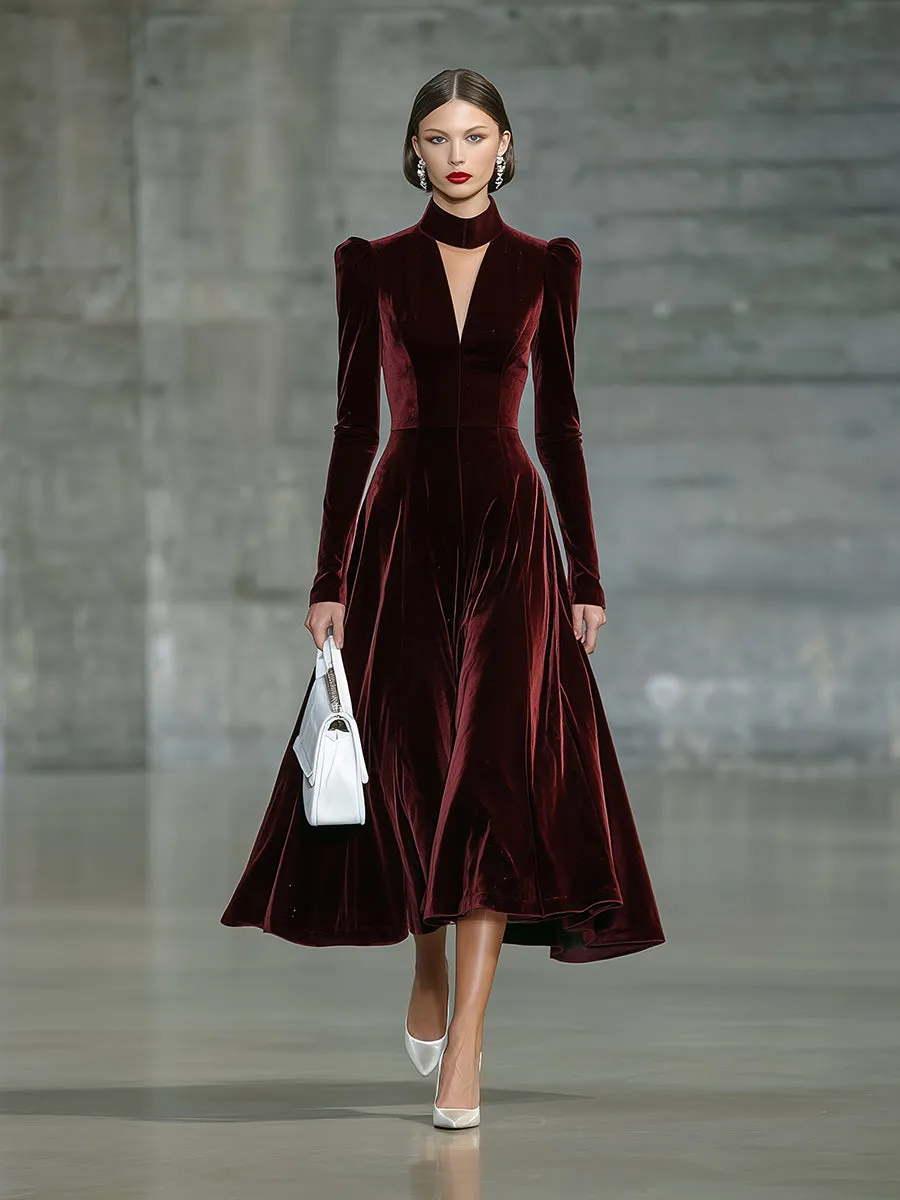 Elegant Velvet Red Unique Neckline Midi Dress sold by Oyrosy product image thumbnail 2