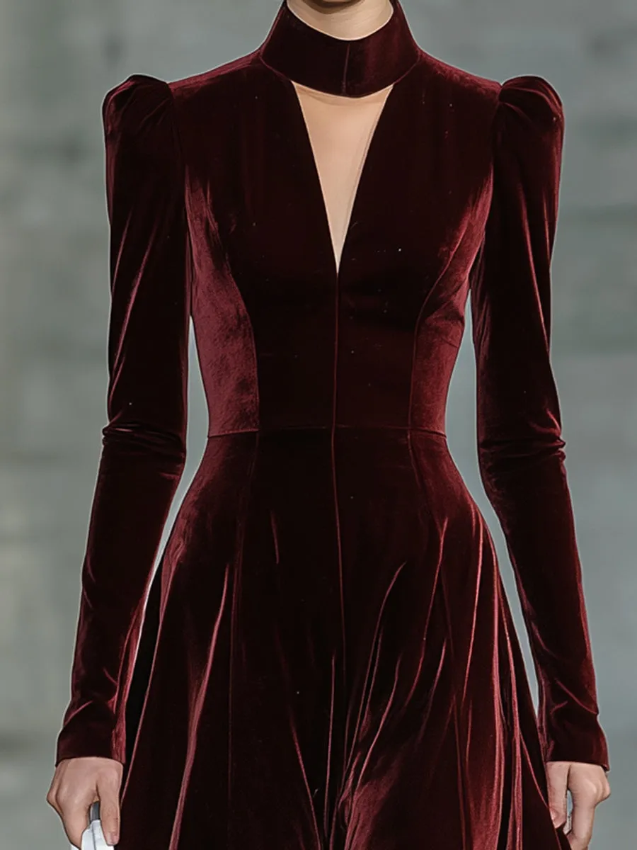 Elegant Velvet Red Unique Neckline Midi Dress sold by Oyrosy product image thumbnail 3