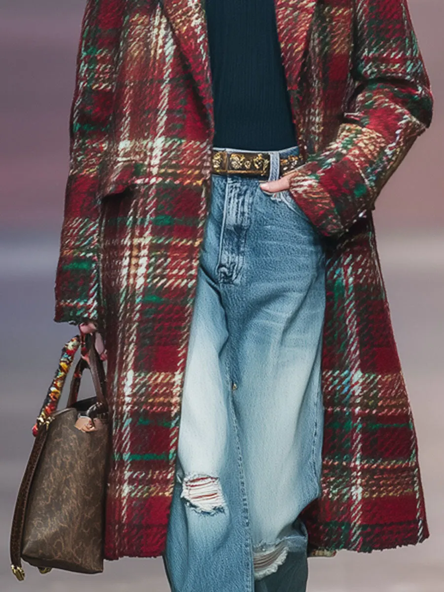 Lapel Retro Classic Plaid Double Pocket Woolen Coat sold by Oyrosy product image thumbnail 3