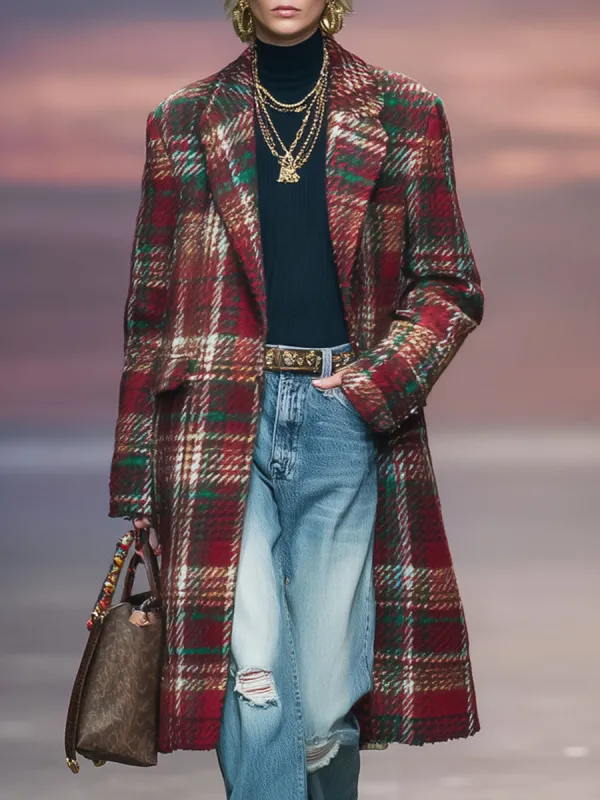 Lapel Retro Classic Plaid Double Pocket Woolen Coat sold by Oyrosy