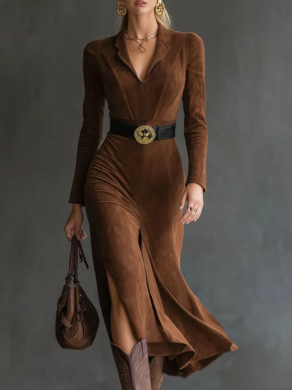 Retro Western Style Lapel Faux Suede Slit Midi Dress sold by Oyrosy