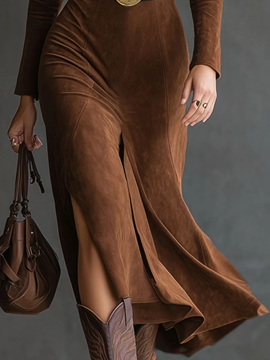 Retro Western Style Lapel Faux Suede Slit Midi Dress sold by Oyrosy product image thumbnail 3