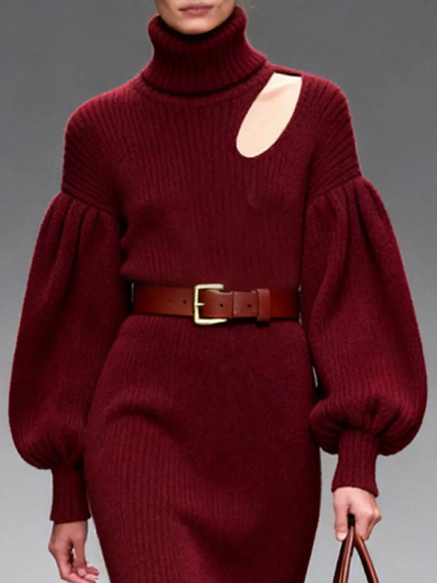 High Collar Puff Sleeve Slit Knitted Midi Dress sold by Oyrosy product image thumbnail 2