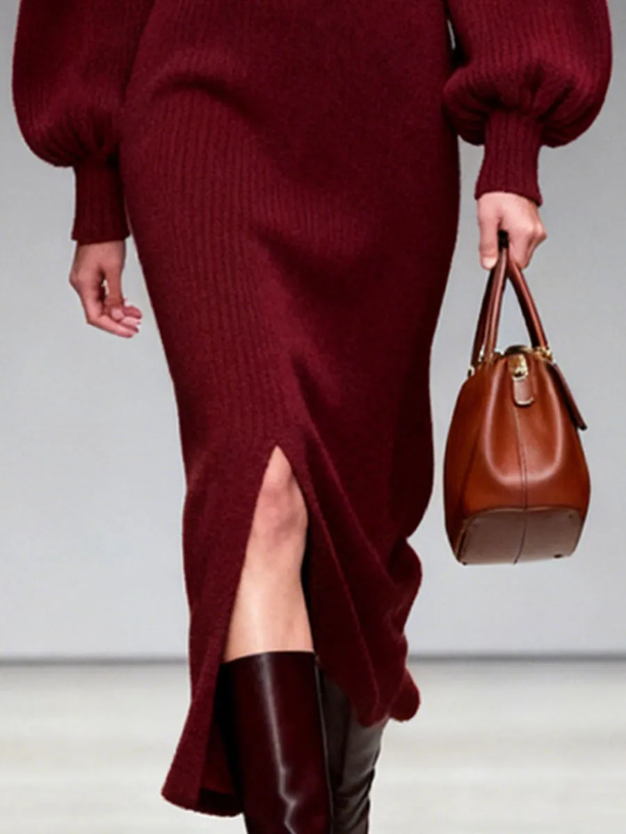 High Collar Puff Sleeve Slit Knitted Midi Dress sold by Oyrosy product image thumbnail 3