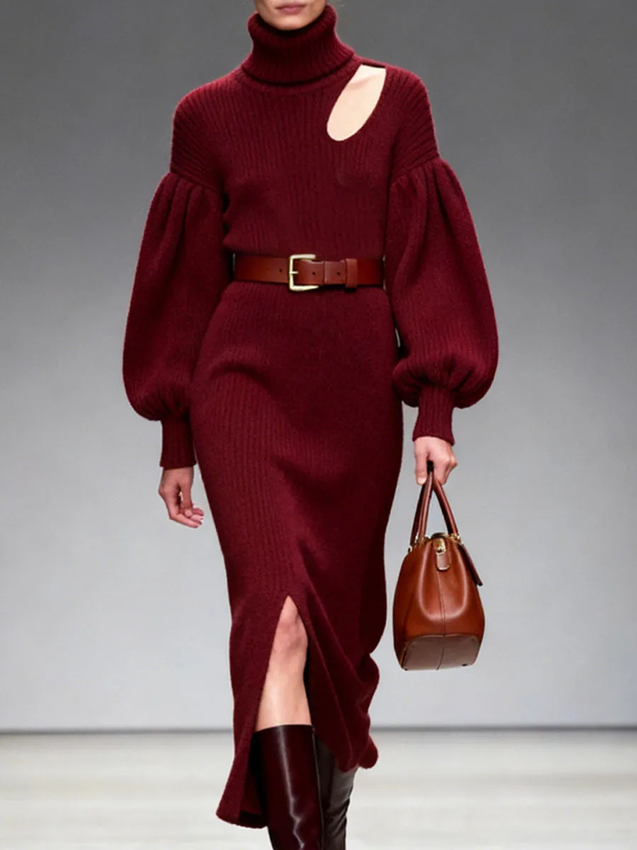 High Collar Puff Sleeve Slit Knitted Midi Dress sold by Oyrosy