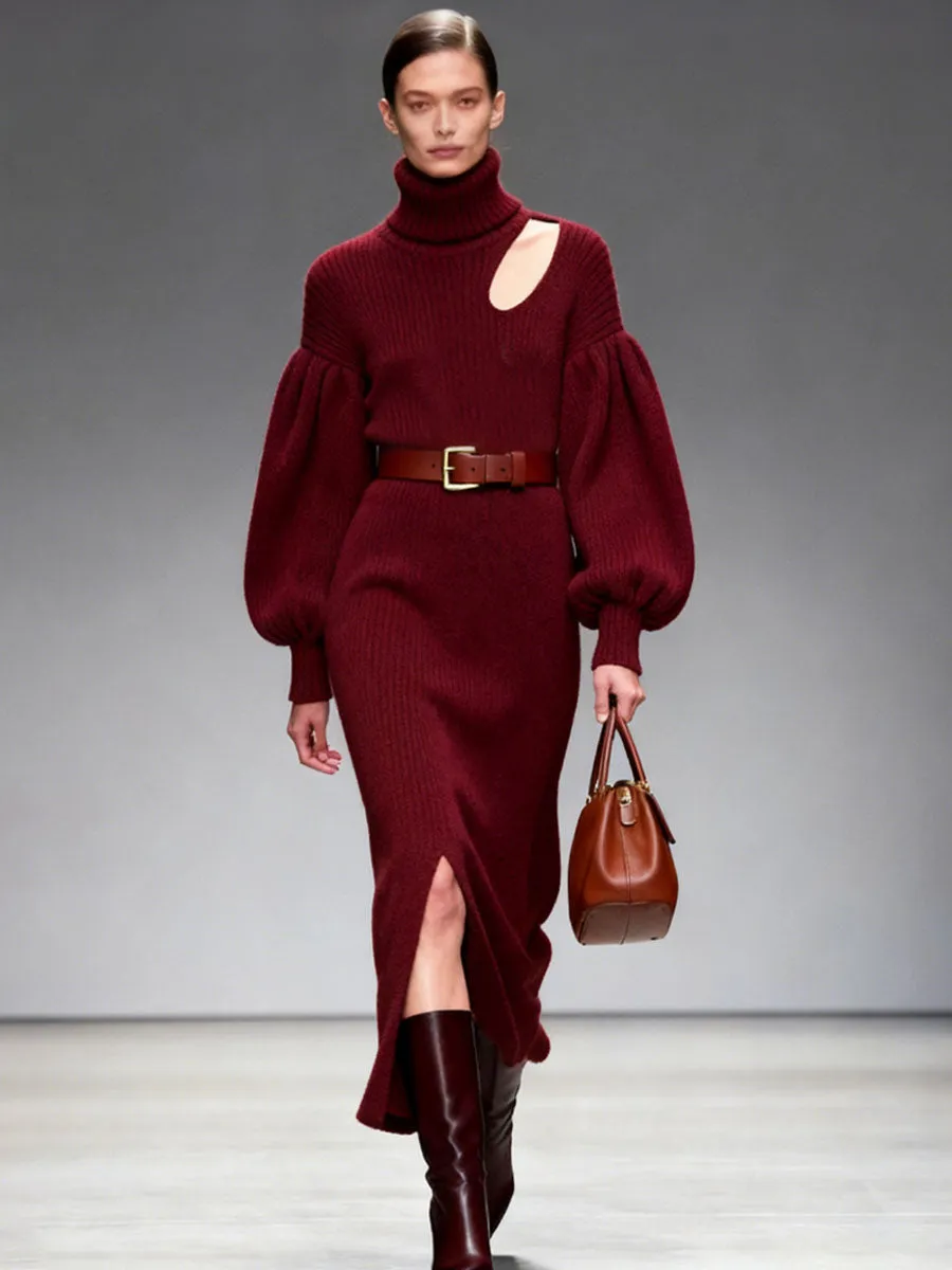 High Collar Puff Sleeve Slit Knitted Midi Dress sold by Oyrosy product image thumbnail 4