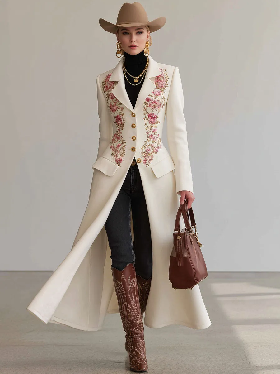 Lapel Single-breasted Double-pocket Floral Embroidered Wool Coat sold by Oyrosy product image thumbnail 4