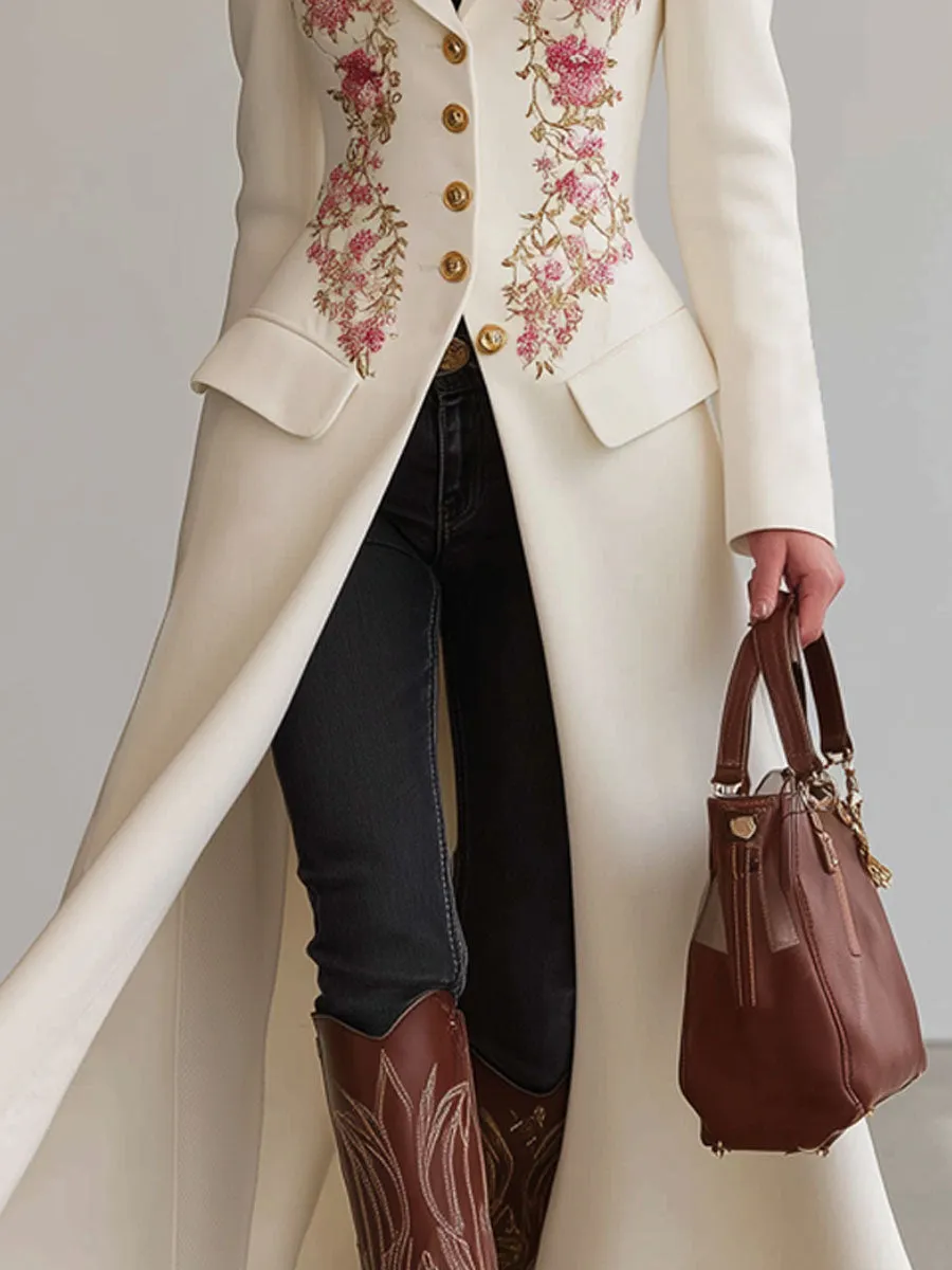 Lapel Single-breasted Double-pocket Floral Embroidered Wool Coat sold by Oyrosy product image thumbnail 3