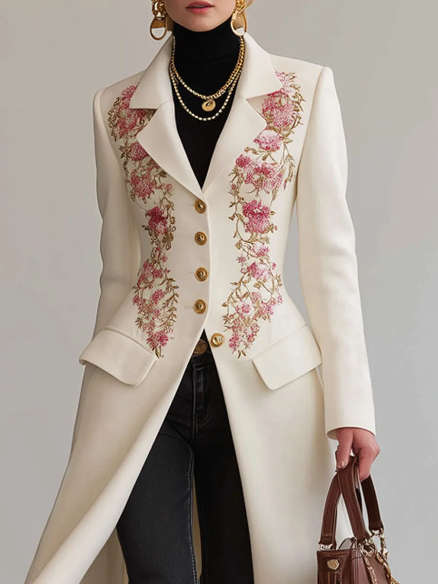 Lapel Single-breasted Double-pocket Floral Embroidered Wool Coat sold by Oyrosy product image thumbnail 2