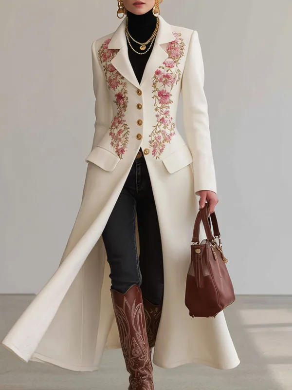 Lapel Single-breasted Double-pocket Floral Embroidered Wool Coat sold by Oyrosy