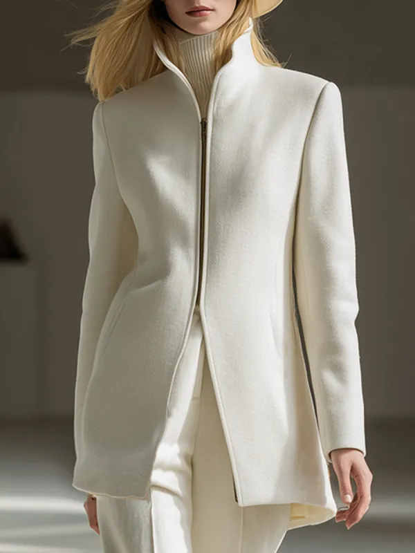Elegant And Simple White Stand-up Collar Front Zipper Wool Coat sold by Oyrosy